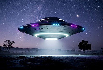 Cette image illustre un objet volant non identifié dans un environnement nocturne. L'appareil, caractérisé par une forme discale et des lumières colorées, semble planer au-dessus d'un paysage calme et légèrement éclairé. Le ciel étoilé et les nuances de bleu et de violet renforcent l'atmosphère énigmatique de la scène. Ce type de représentation est souvent associé aux récits d'observations inexpliquées, suscitant des interrogations sur les phénomènes aériens et les technologies inconnues.